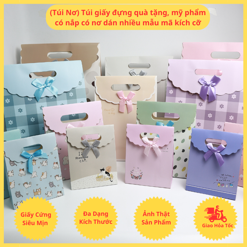 Túi giấy đựng quà tặng, mỹ phẩm có nắp có nơ dán nhiều mẫu mã kích cỡ