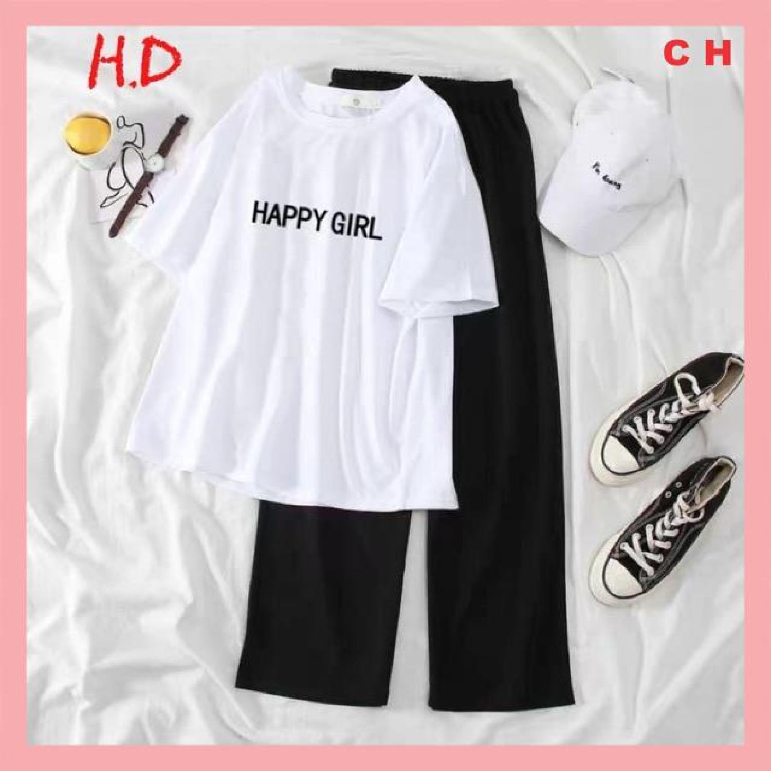 Sét áo phông Happy Girl + quần ống rộng suông HARI