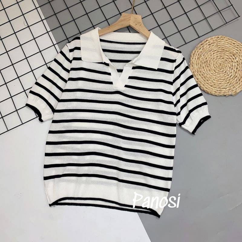Áo kiểu nữ áo len mongtoghi cổ bẻ kẻ sọc ngang chất đẹp PANOSI - A698