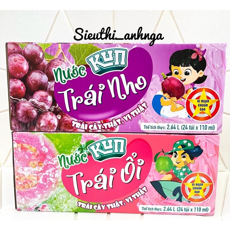Thùng Nước Trái Cây Kun Trái Nho/Trái Ổi (24 túi x 110ml)