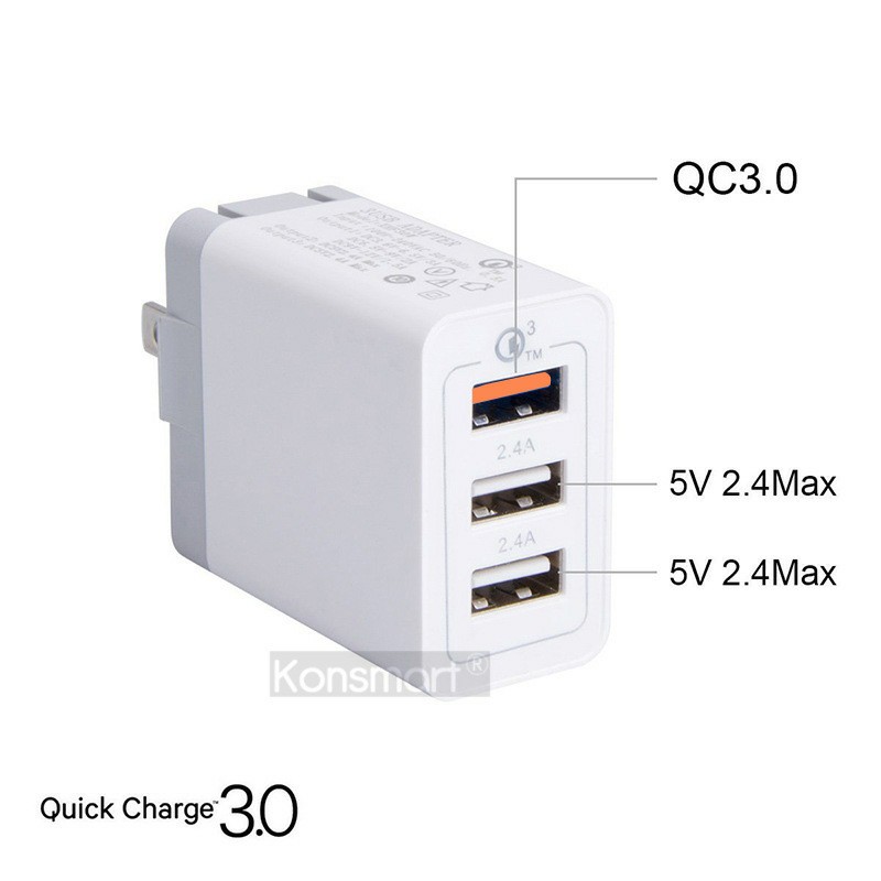 Cốc sạc nhanh 3 cổng hỗ trợ Qualcomm Quick Charge 3.0 30W