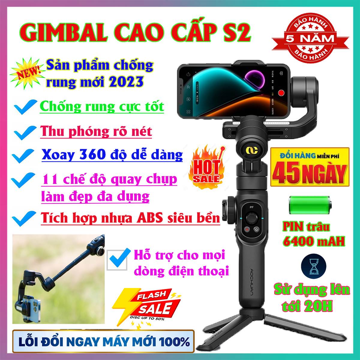 GIMBAL SMART S1 chống rung điện thoại cao cấp, chụp ảnh chuyên nghiệp, tự động cân chỉnh, thu phóng cực tốt, gimbal giá rẻ, Pin siêu trâu, bền đẹp