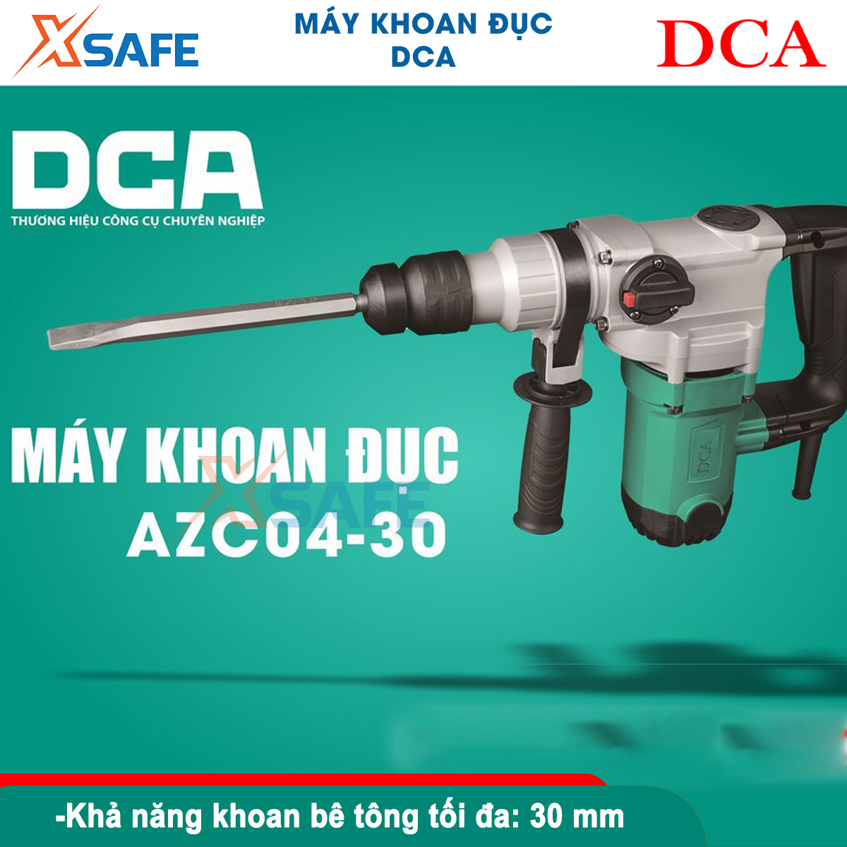Máy khoan đục bê tông cầm tay DCA AZC04-30 công suất 960W, đường kính mũi khoan tối đa: 30mm, mũi đục: 14mm, tốc độ không tải: 1000 lần /phút