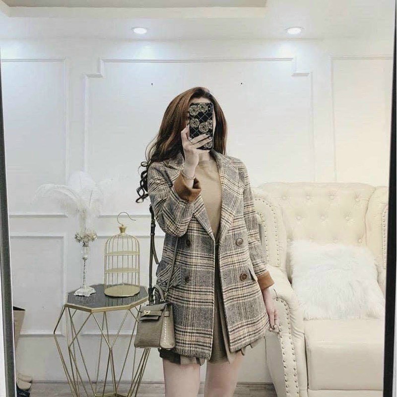 ( Giá Lẻ Sỉ Bằng Sỉ) Áo Dạ Nữ Cổ Vest Cao Cấp, Áo khoác dạ kẻ