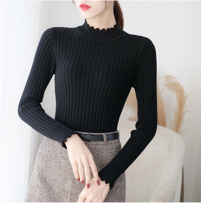 Áo Thun Gân Tay Dài Cổ Cao Phối Điệu Tay & Cổ Cách Điệu TTS0979