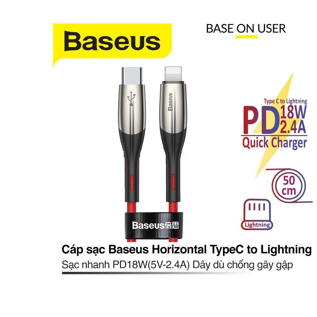 Cáp sạc nhanh PD18W Baseus Horizontal chân Type-C sang Lightning dây dù hỗ trợ truyền dữ liệu dài 50CM cho iPhone/iPad