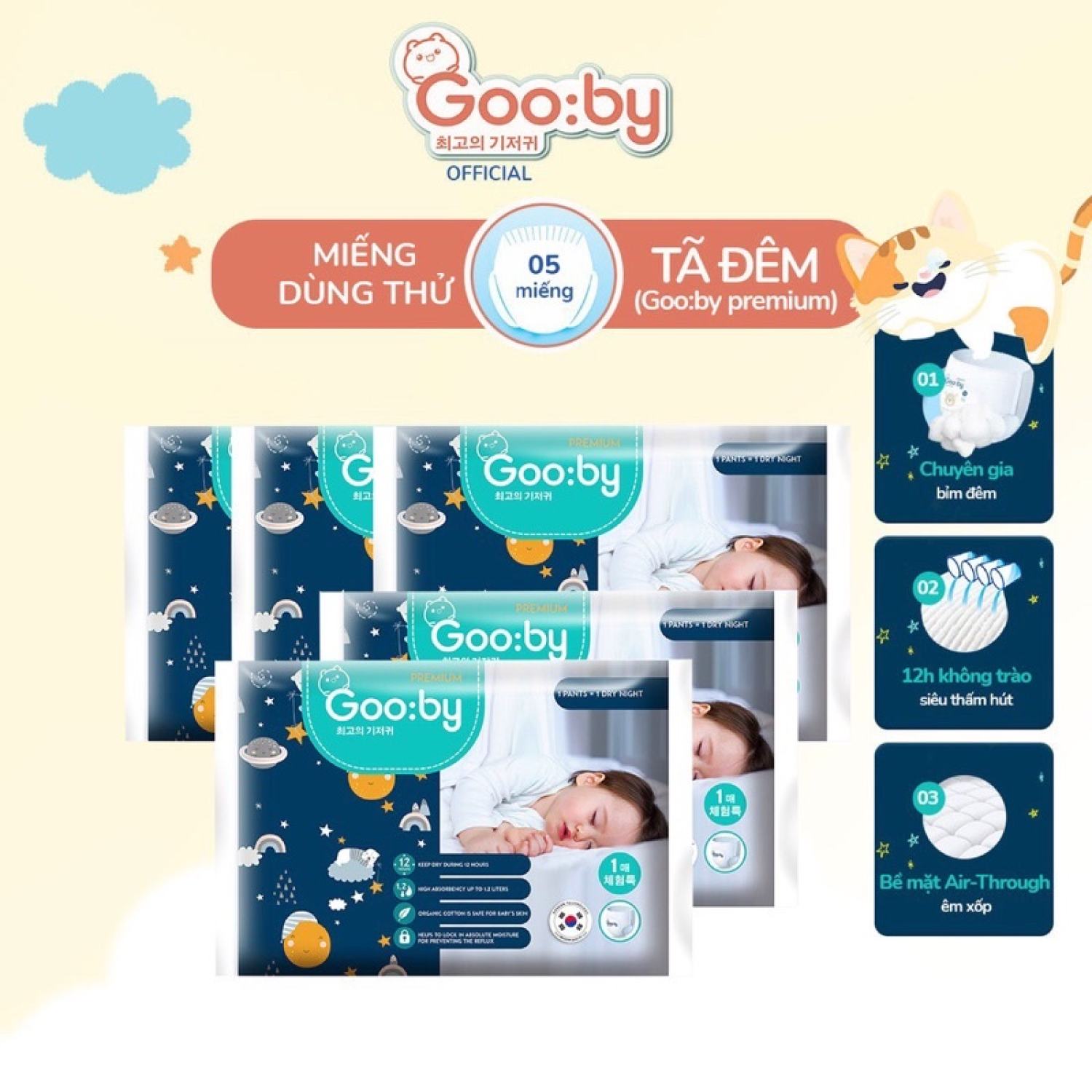 Bỉm mẫu dùng thử Tã/bỉm Gooby Premium ( Bỉm Gooby Đêm ) Siêu mềm mại, siêu thấm hút, an toàn size M/L/XL  cho bé 6- 16kg