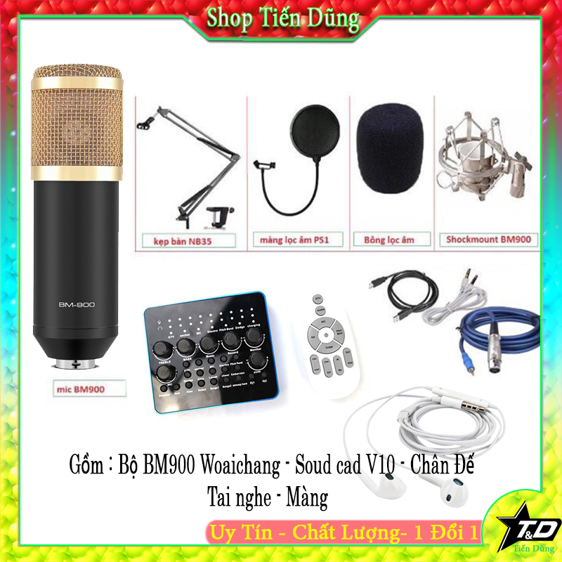 Bộ Mic Thu Âm BM900 Sound Card V10 có bluetooth auto-tune Chân Màng đã kèm livestream