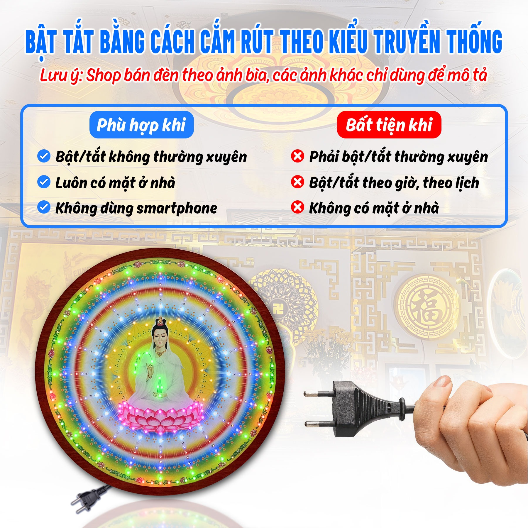 Hào quang led 8 chương trình quan thế âm bồ tát, đèn trang trí bàn thờ treo cùng tượng phật hq-8ct-06