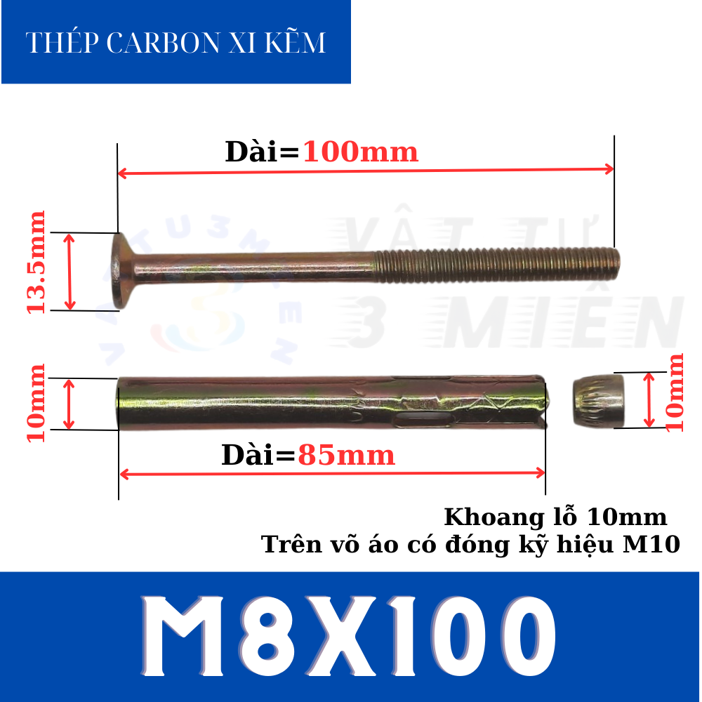 Expansion anchor M10x100 with a three-winged screw head, made of galvanized steel .