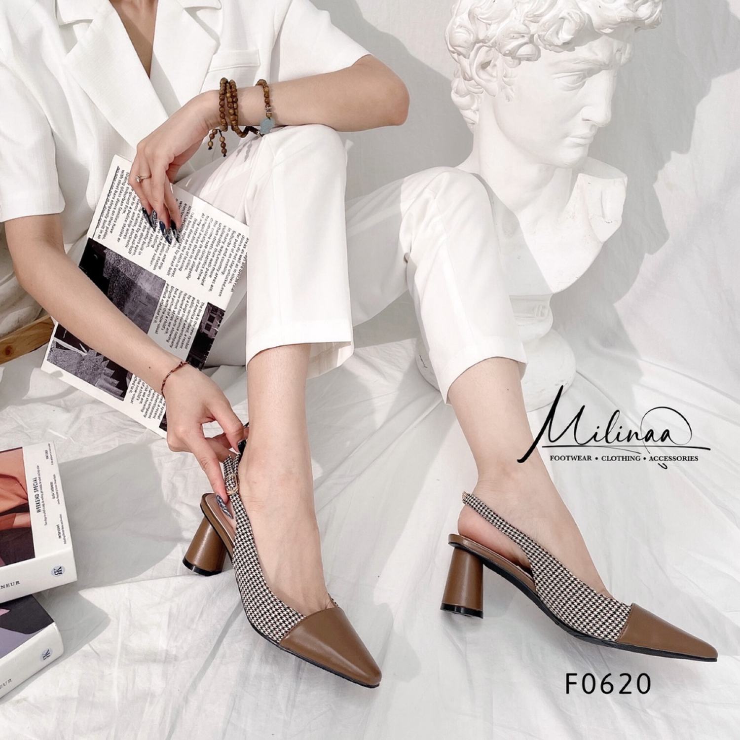 Giày cao gót nữ slingback trụ tròn 5p bít mũi phối nhọn hậu gài f0620
