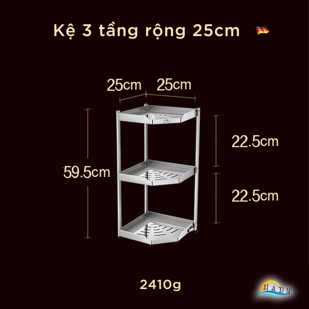Kệ góc tường inox 304 tam giác 2 3 tầng nhà bếp cao cấp ssgp
