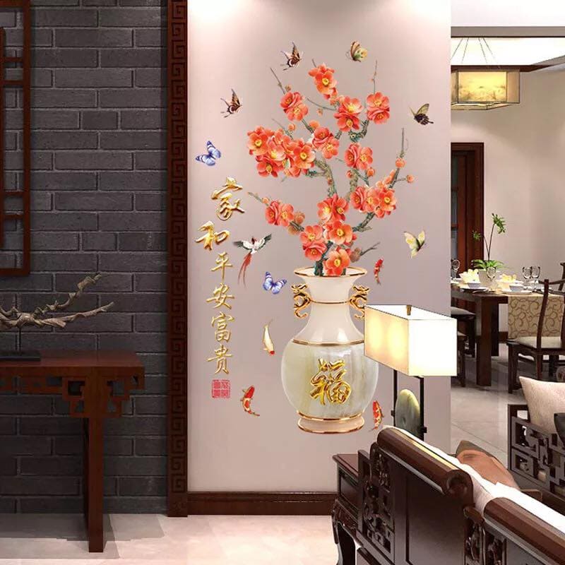 Decal trang trí LỌ HOA MAI ĐỎ có keo sẵn