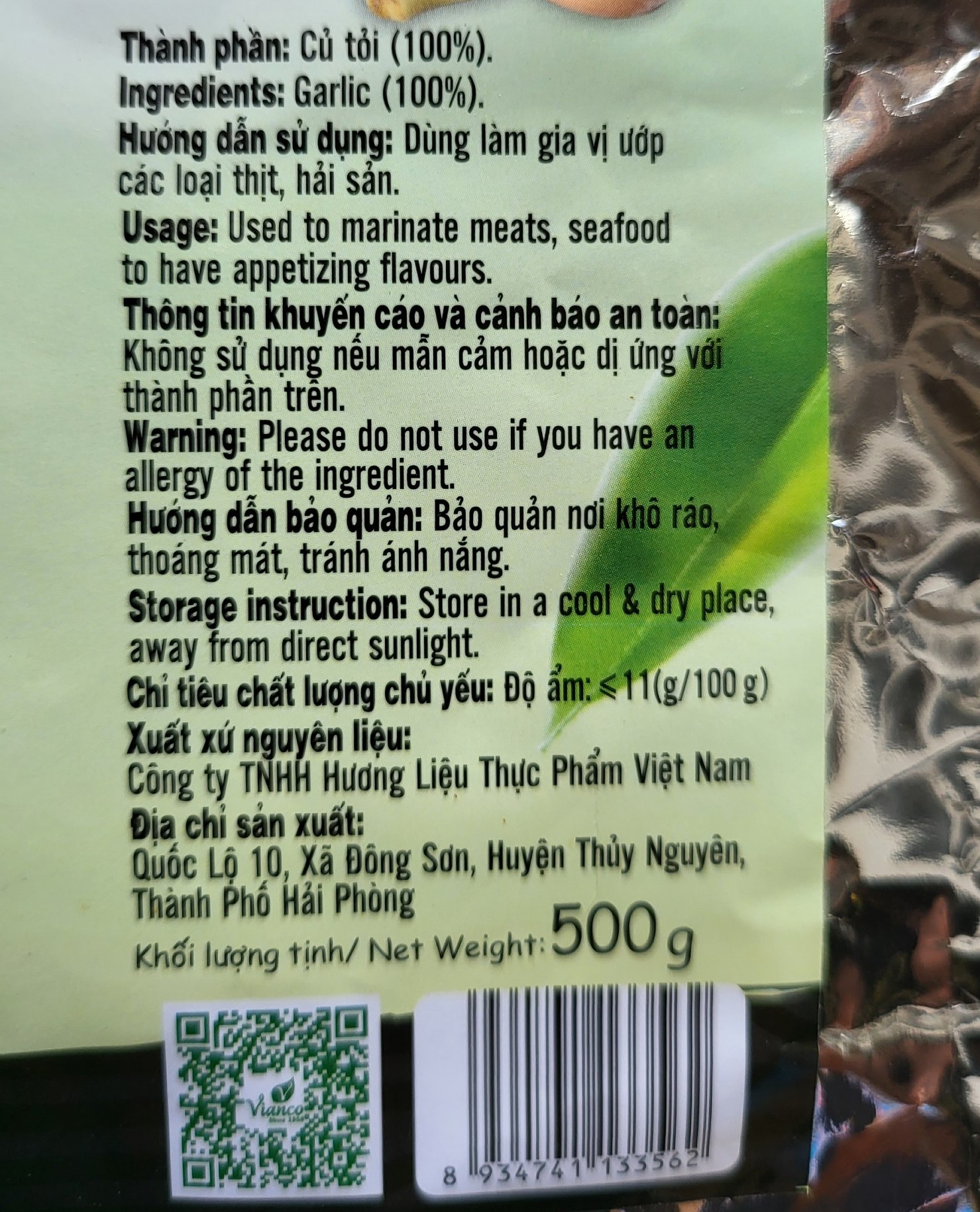 [GÓI LỚN 500g (VIỆT ẤN)] BỘT TỎI (GIA VỊ THỰC PHẨM) [VN] VIANCO Garlic powder (bph-hk)
