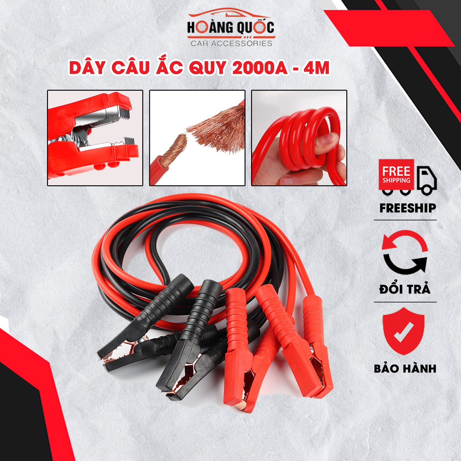 Dây câu bình ắc quy ô tô, khởi động ắc quy xe hơi, chịu tải 2000A, độ dài dây 4 mét, chất liệu nhựa PVC cao cấp, chịu nhiệt, chống cháy