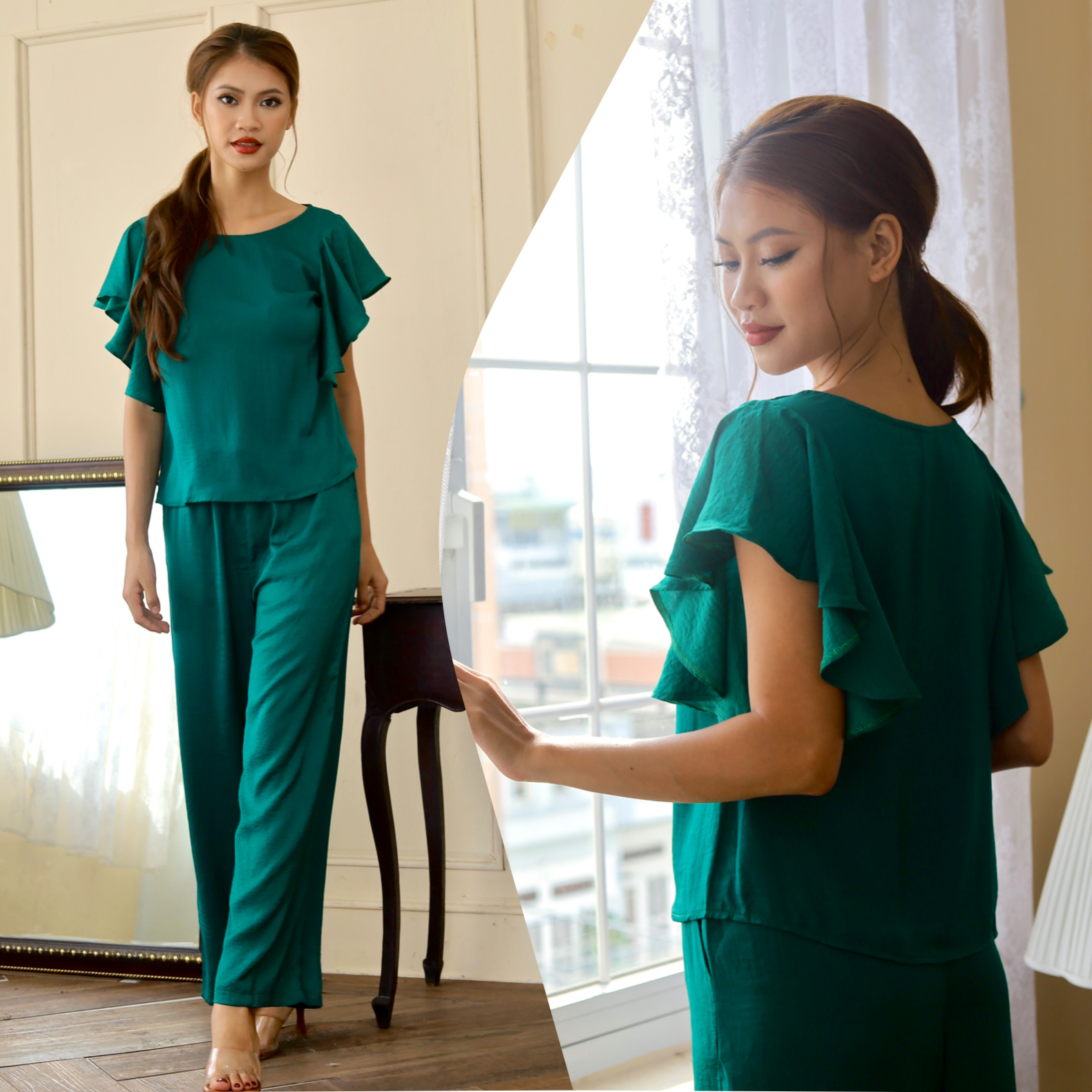 Đồ bộ lụa quần dài ống rộng tay tiên Infashion