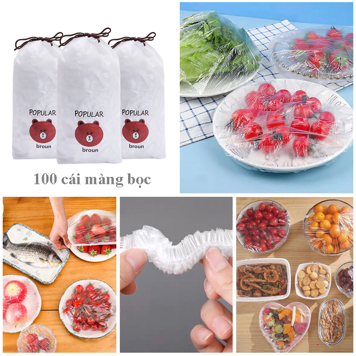 Set 100 Màng Bọc Thực Phẩm Túi Gấu, Màng Bọc PE Co Giãn