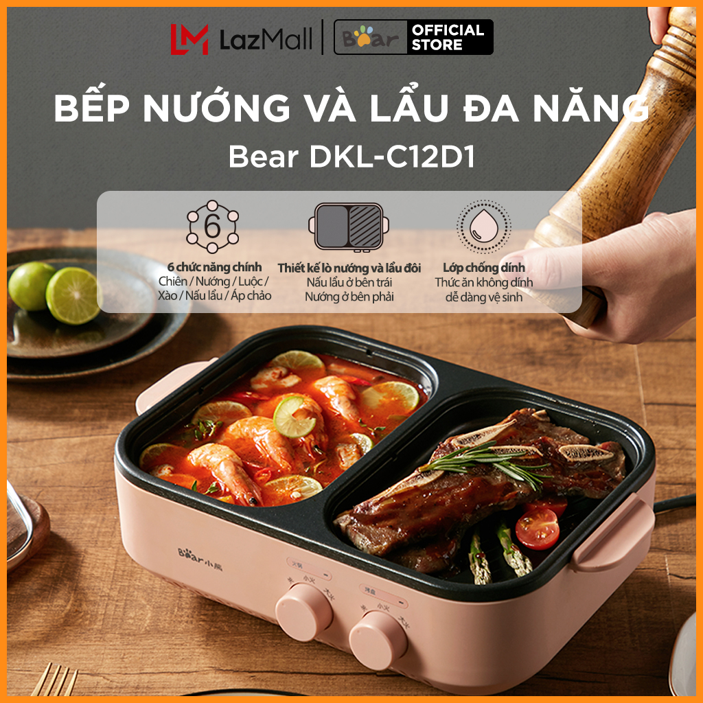 Bếp Lẩu Nướng Điện Đa năng Mini 2 trong 1 Bear DKL-C12D1 - Kết hợp 2 Ngăn Lẩu và nướng - Chống dính cao cấp phù hợp 1-2 người - Bản Quốc Tế