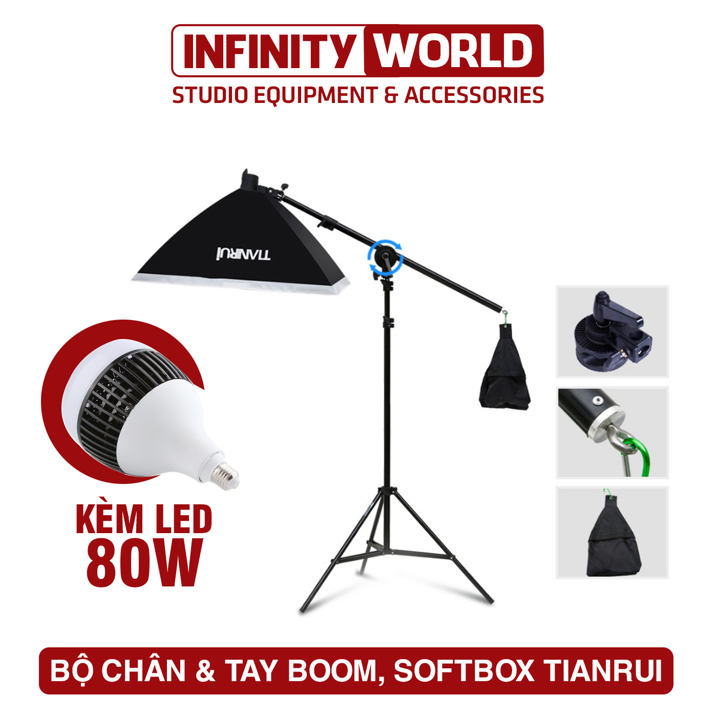 Chân & tay boom studio kèm Softbox,đèn Led tùy chọn