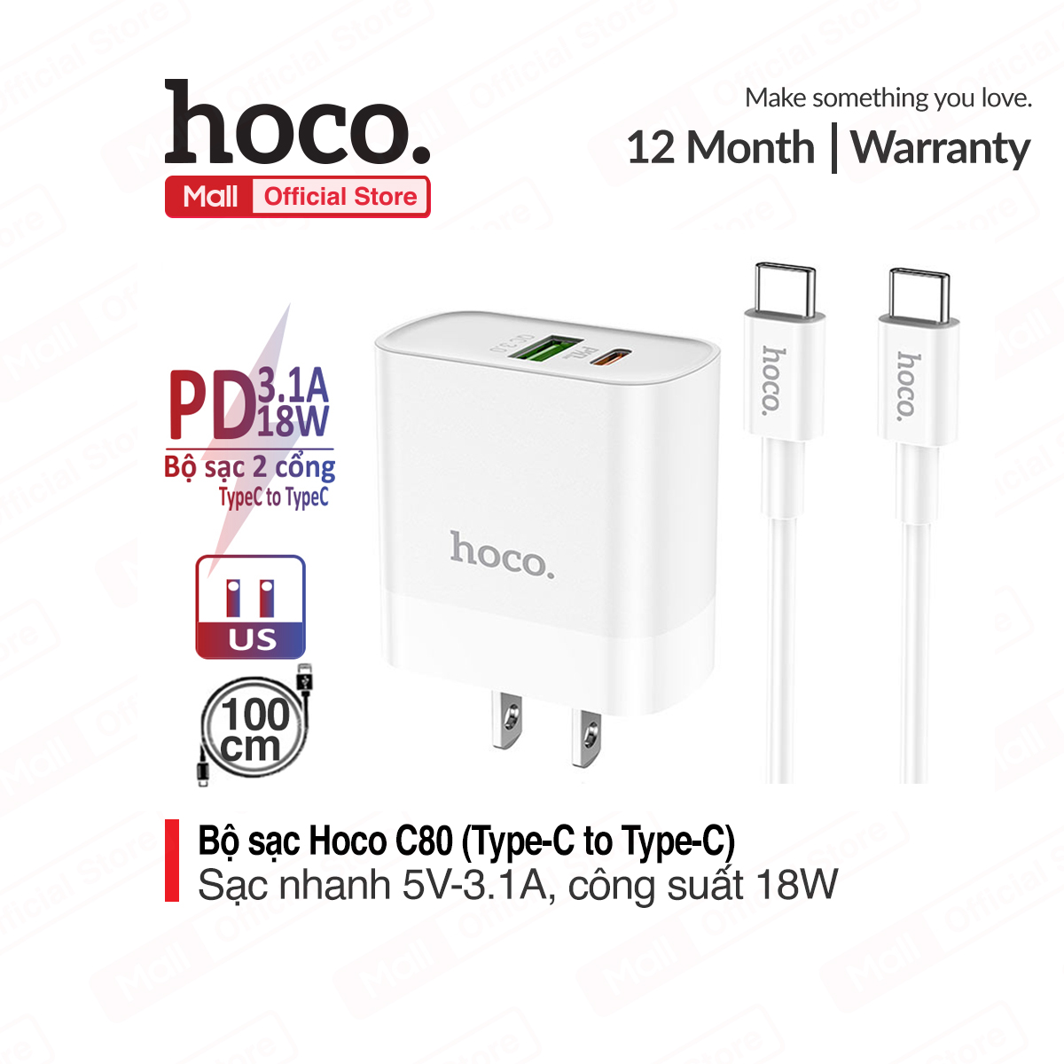 Bộ sạc Hoco C80 sạc nhanh PD18W Q.C3.0A 2 cổng sạc cùng lúc USB và TypeC thế hệ mới dây cáp TypeC to TypeC dài 1m dành cho Huawei Xiaomi Samsung Oppo Iphone Ipad