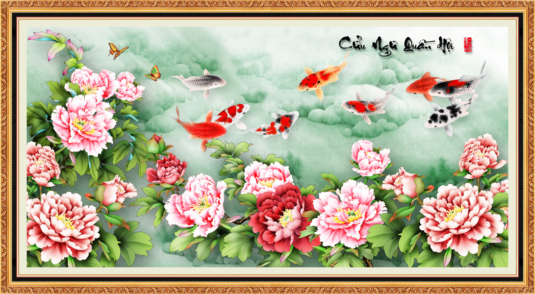 Tranh dán tường 3D phong thủy Cửu ngư quần hội VTC LunaTM-0099