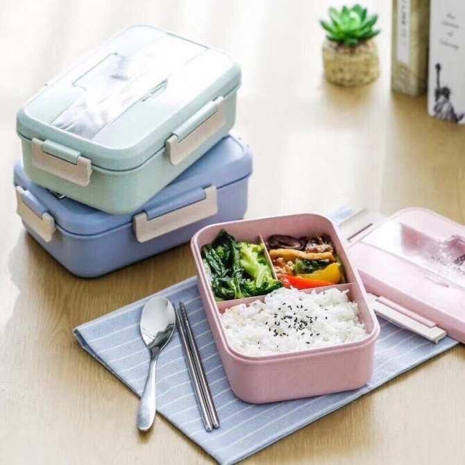 HỘP CƠM LÚA MẠCH 3 NGĂN 1 TẦNG TẶNG KÈM THÌA, DĨA, ĐŨA