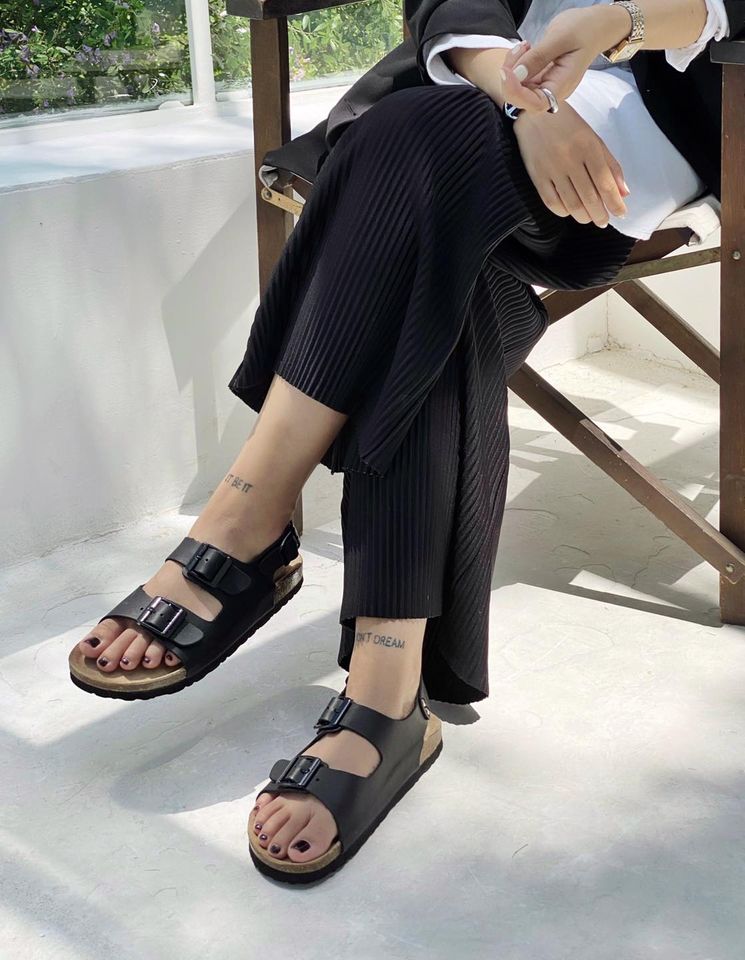 Giày Sandal Đế trấu Unisex 2 khóa da pu đen