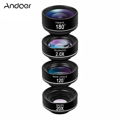 Andoer Clip-on Phone Camera Lens Phone Lens Kit 4 in 1 Including 180°Fisheye Lens 120°Wide Angle Lens 20X Macro Lens 2.0X Telephoto Lens with Lens Clip Wiping Cloth Storage Bag EVA Bag