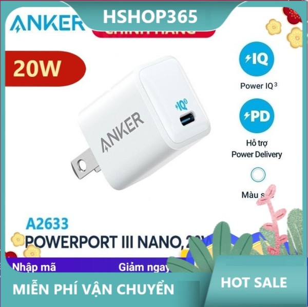 Cốc Sạc ANKER Powerport III Nano 20W 1 cổng USB-C PiQ 3.0 tương thích PD - A2633 - Hỗ trợ sạc nhanh 20W cho iPhone 8 trở lên abshop365 hshop365hn hshop365 abshop hshop