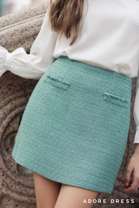 Chân váy mini tweed smoke green rua túi…