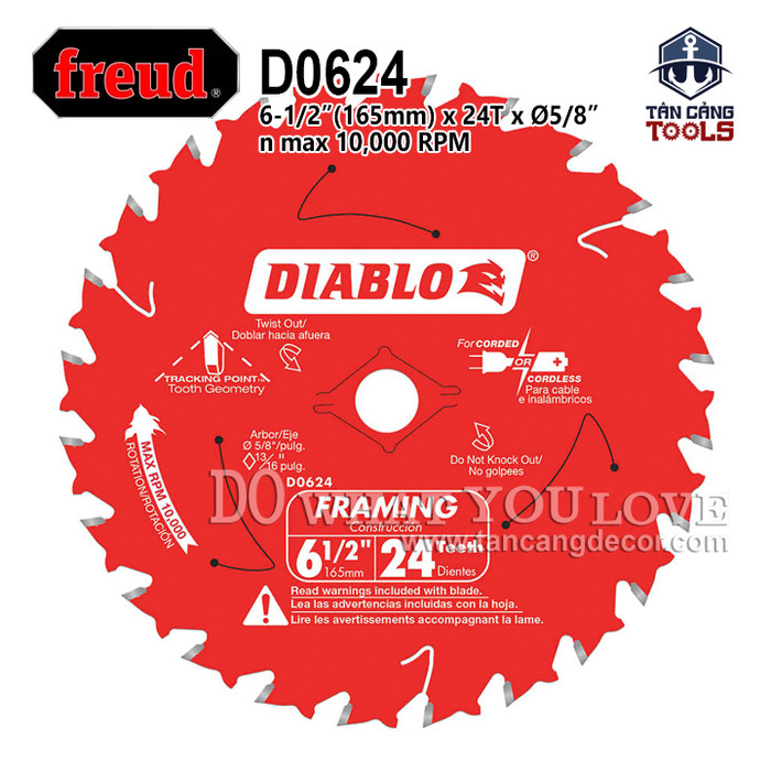 Lưỡi cưa gỗ hợp kim diablo 165 x 16 mm x 24t freud d0624
