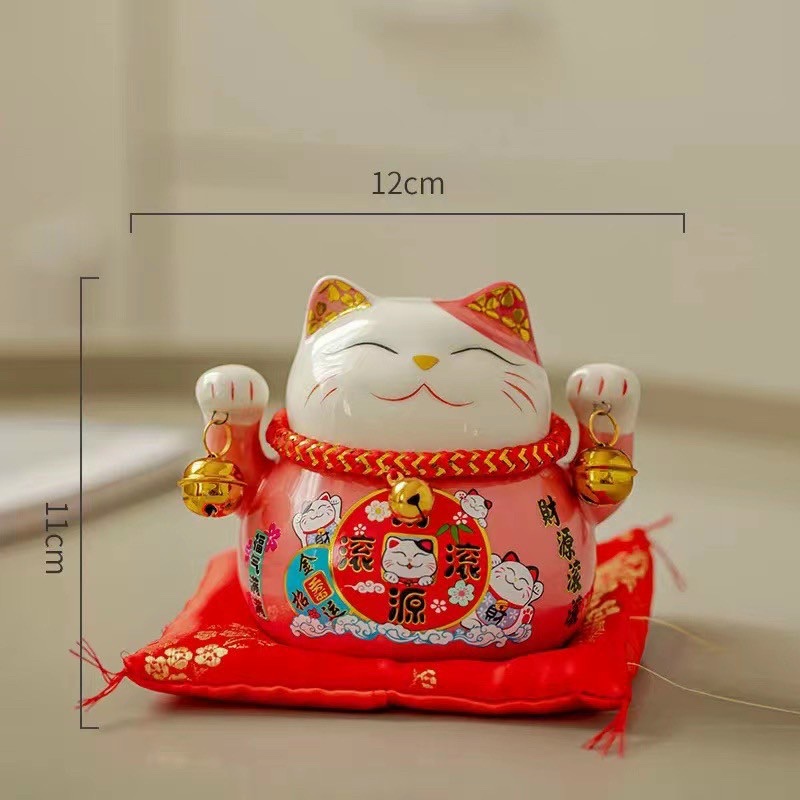 Mèo Thần Tài đỏ giơ 2 tay-Đa Phú Quý 18cm