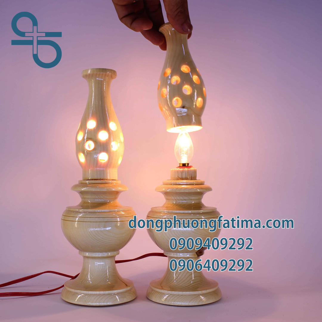Đèn Bàn Thờ2 Cây Đèn Gỗ Thấp Bàn Thờ 26cm