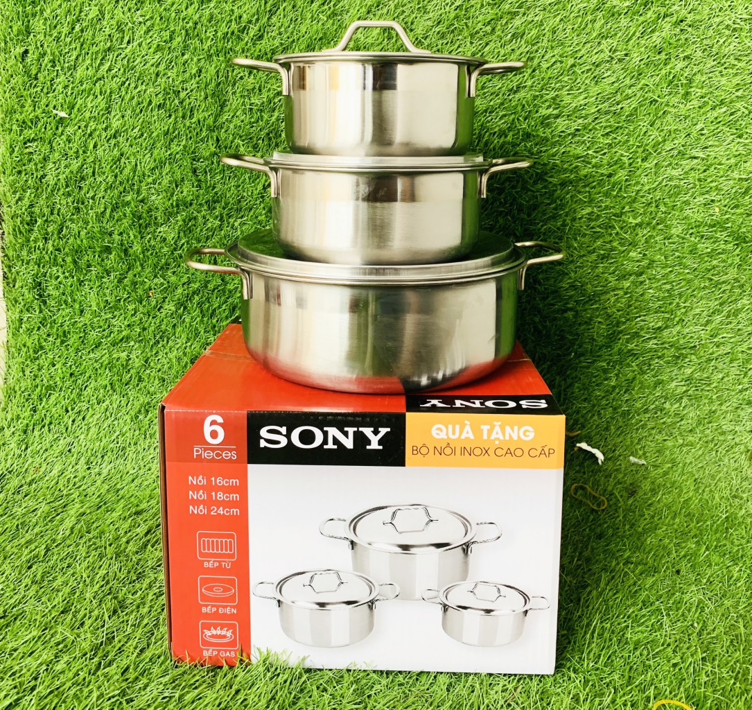 Bộ 3 nồi inox sáng bóng SHARP và SONY nắp inox 24cm 18cm 16cm dùng được bếp từ và mọi loại bếp bộ nồi inox chắc chắn cao cấp