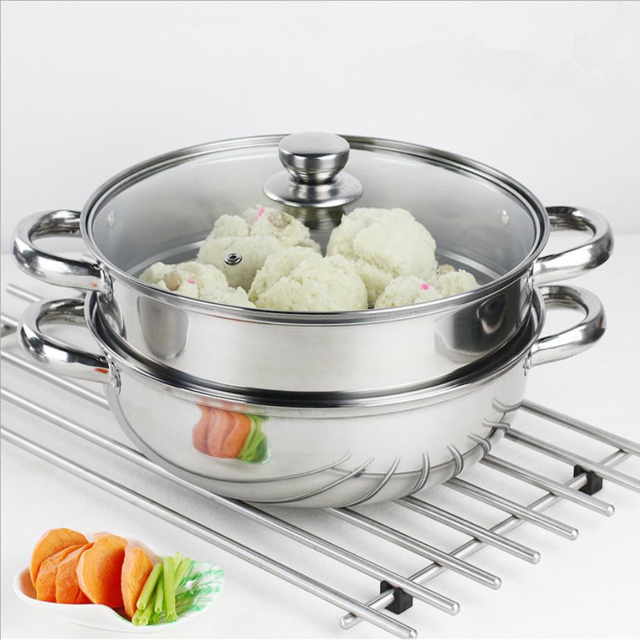 Nồi Hấp Inox 2 Tầng Kèm Xửng Hấp  Đa Năng 28cm, Nồi Hấp Cao Cấp Nắp Kính, Cách Thủy, Nồi Hấp 2 Tầng Inox