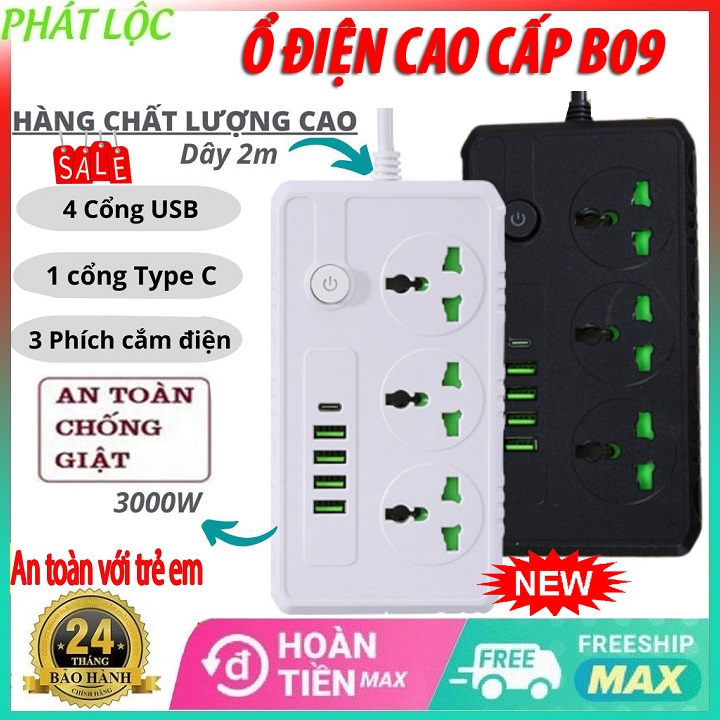 Ổ cắm điện đa năng thông minh chống giật chịu tải 3000W - B09, 4 Cổng Sạc USB, 3 phích cắm, sạc siêu nhanh, Có công tắc chống cháy nổ tự gắt khi có sự cố, An toàn cho trẻ nhỏ