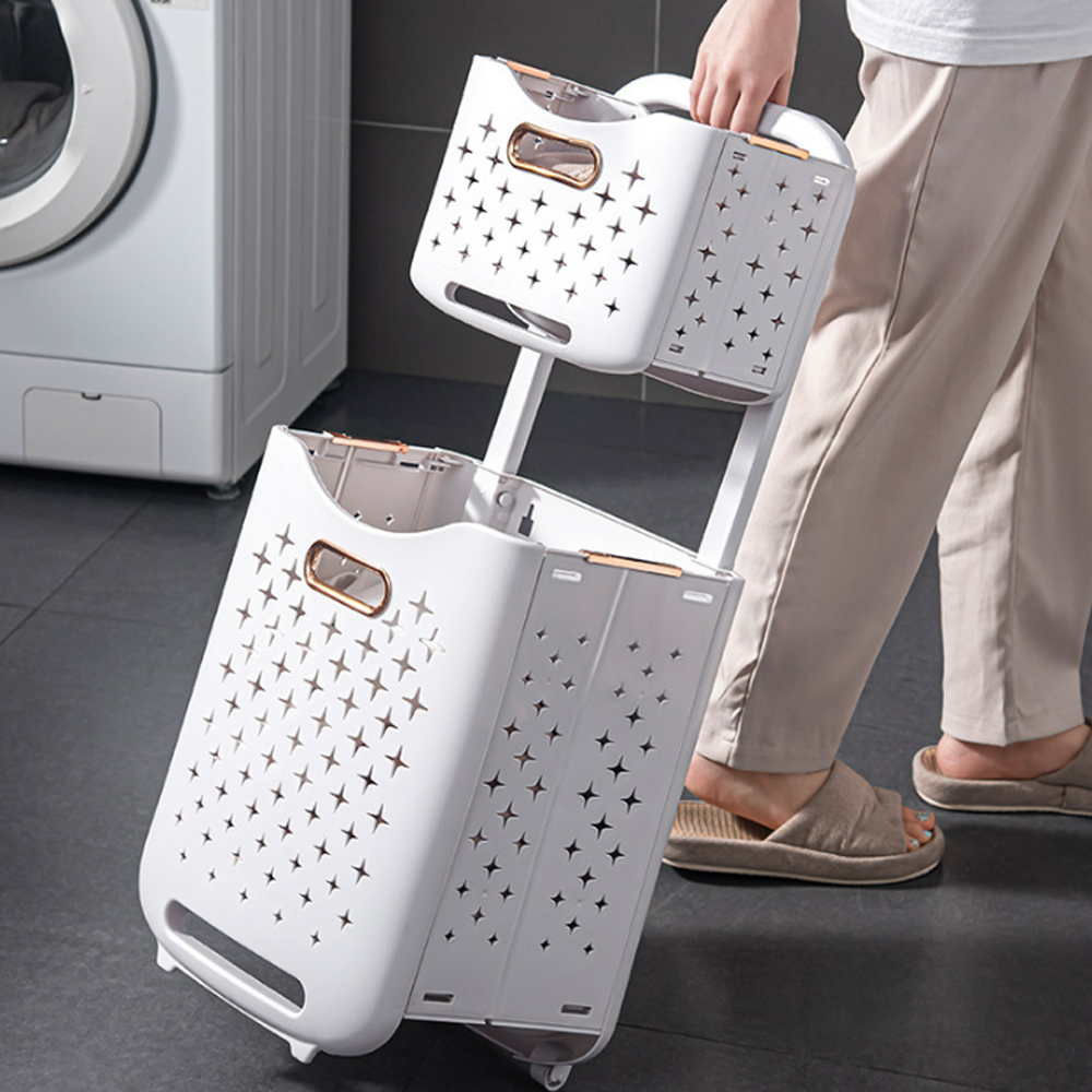 Giỏ đựng quần áo đa năng có bánh xe có thể gắn tường - Kệ nhựa 2 tầng đựng đồ thiết kế thông minh gấp gọn