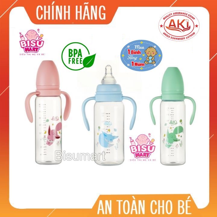 Bình Sữa Cổ Hẹp Aki nhựa PP 180ML - 240ML (Tặng 1 núm vú cổ hẹp)