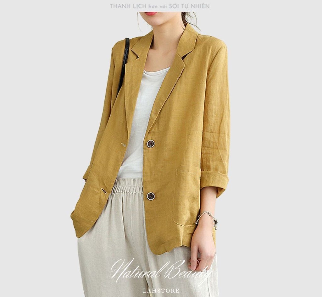 Áo khoác blazer nữ dáng lửng SLINEN, Áo vest nữ 1 lớp dáng lửng cổ ve vuông vải linen BNLDL05