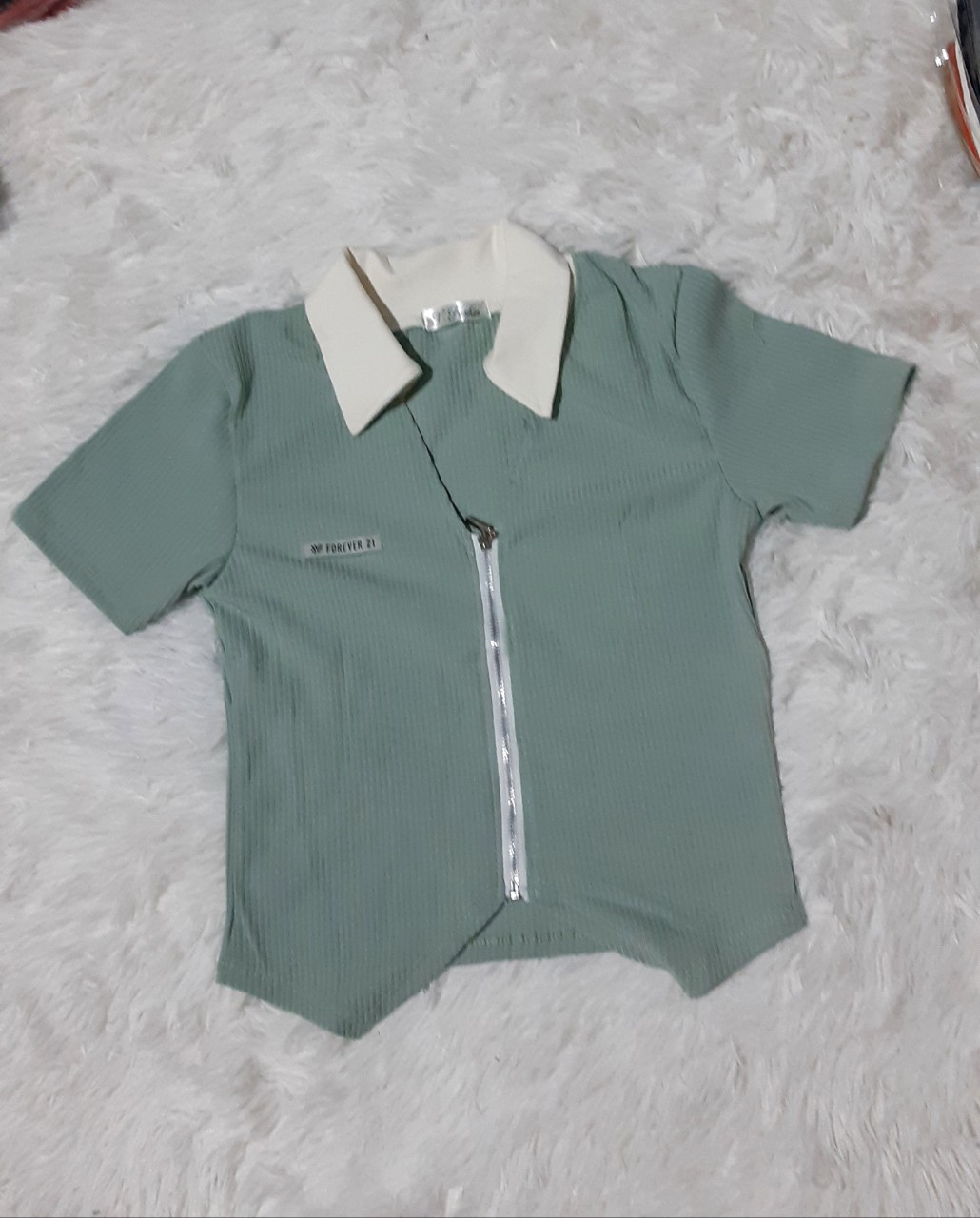 Áo thun nữ croptop vải thun gân cổ bẻ phối khóa kéo trước siêu dễ thương