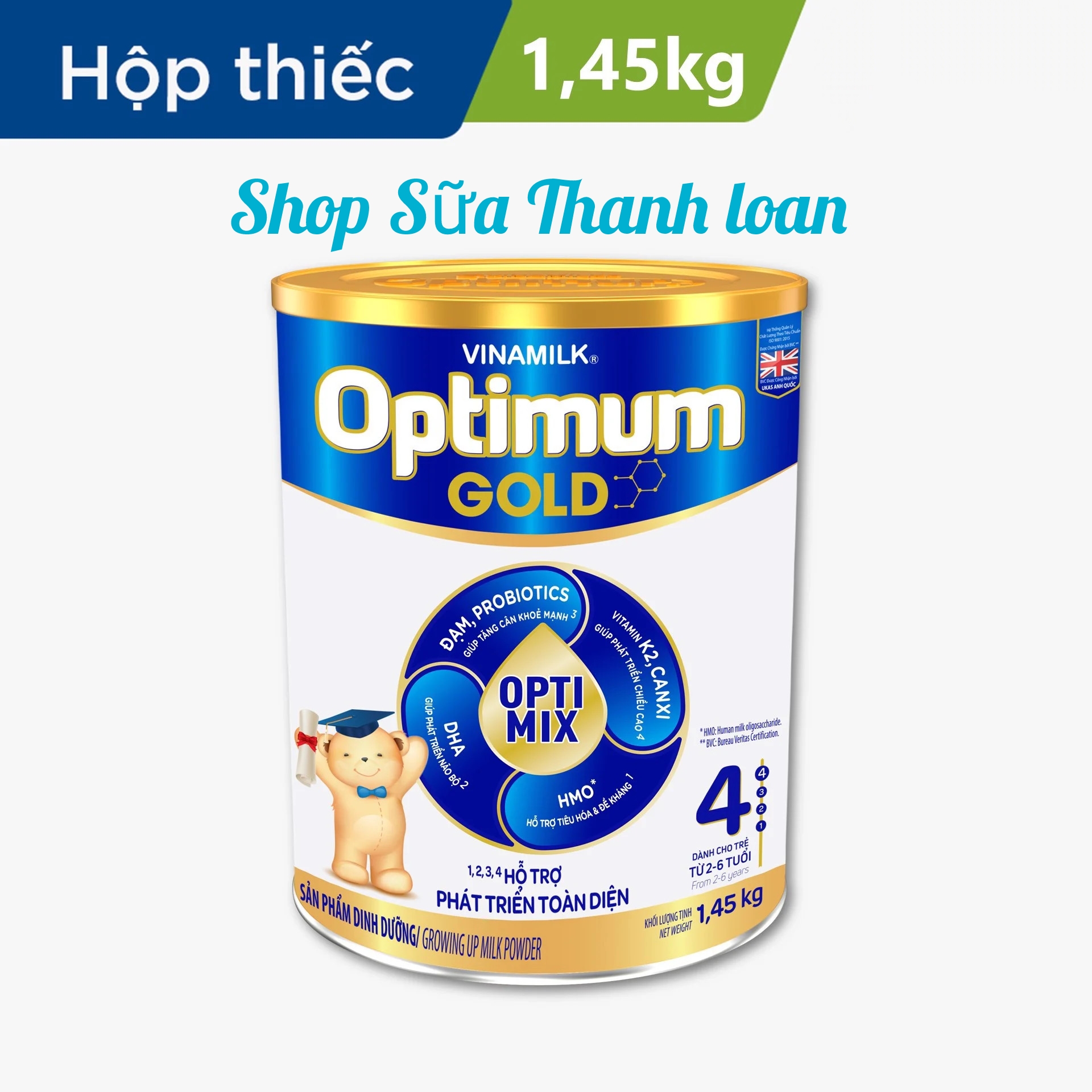 (Expiration Date April 2027) (New Model) Combo 2 Boxes of Vinamilk Optimum Gold 4 Powder Milk 1.45kg (for Ages 2-6 Years).