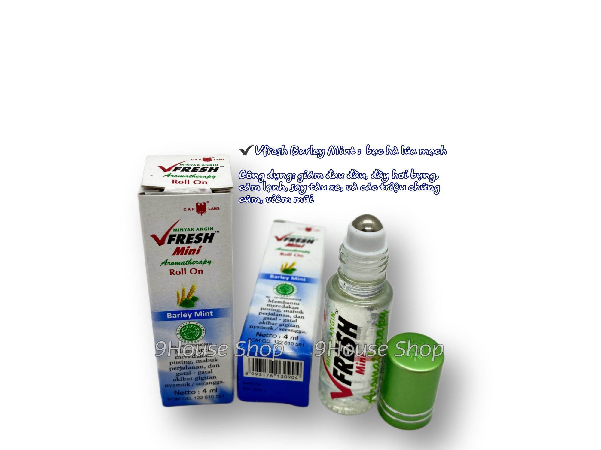 Dầu lăn tinh dầu thảo dược Barley Mint VFRESH 4cc (Bạc Hà v Lúa Mạch)