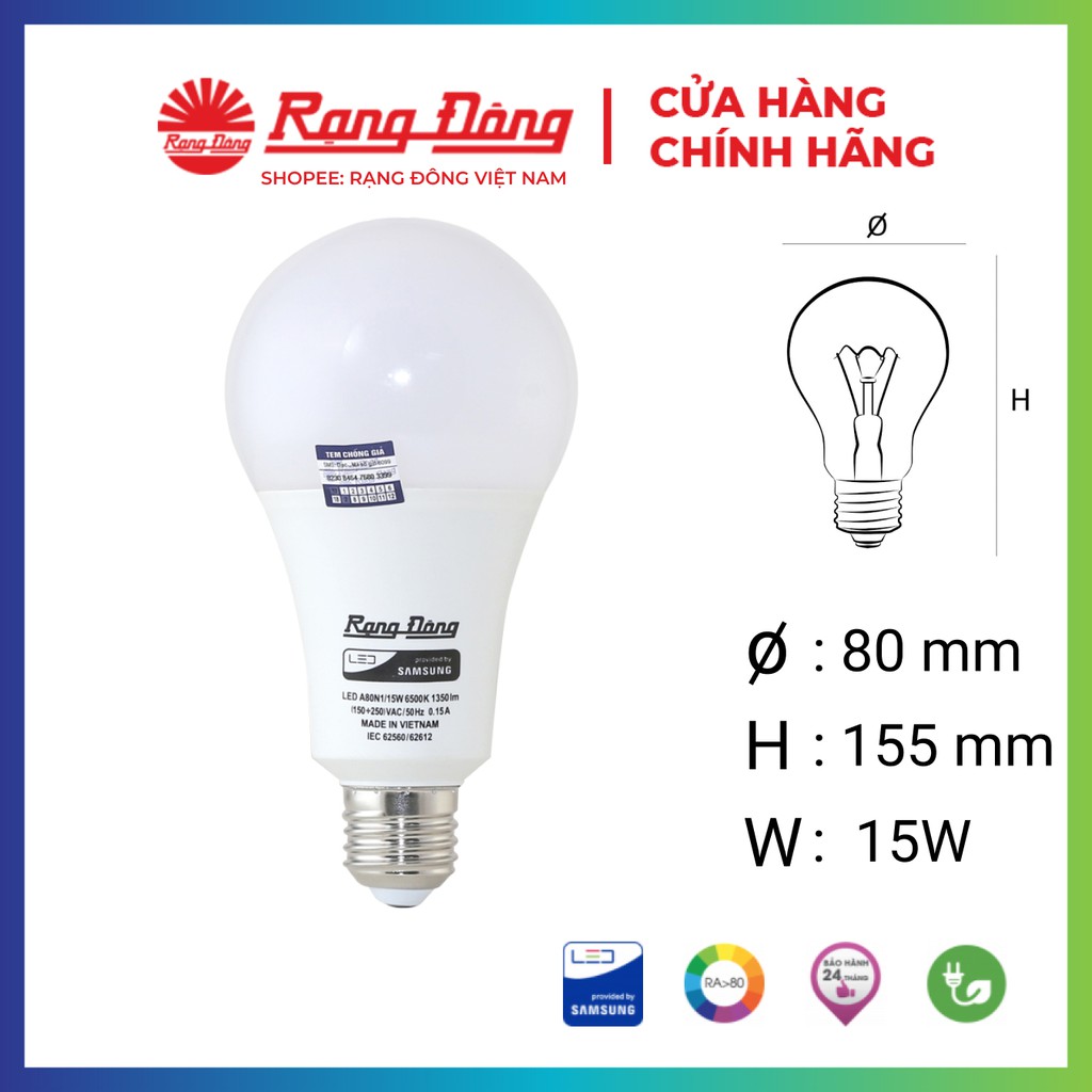 Bóng đèn led bulb a tròn 15w rạng đông,siêu sáng, bảo hành 2 năm, model led a80n1/15w.h, tiết kiệm điện