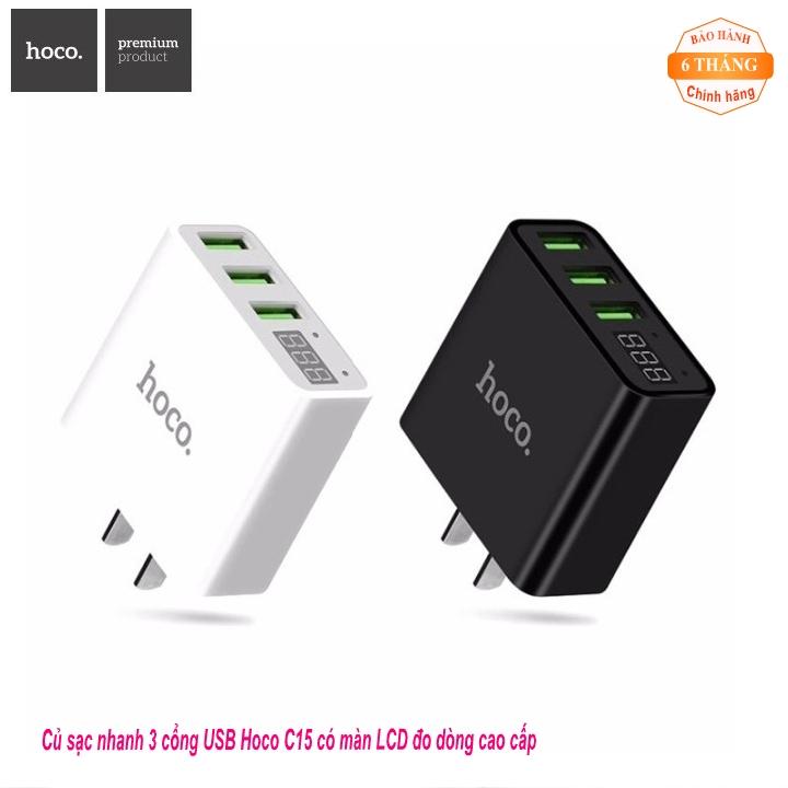 Củ sạc nhanh 3 cổng Hoco C15 có màn LCD đo dòng cao cấp