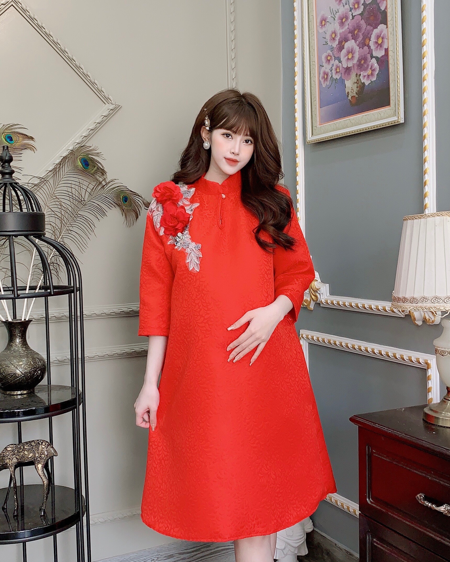 Váy bầu/ Áo dài cách tân bầu - Free size (50-70kg) - Trắng/Hồng/Vàng/Đỏ