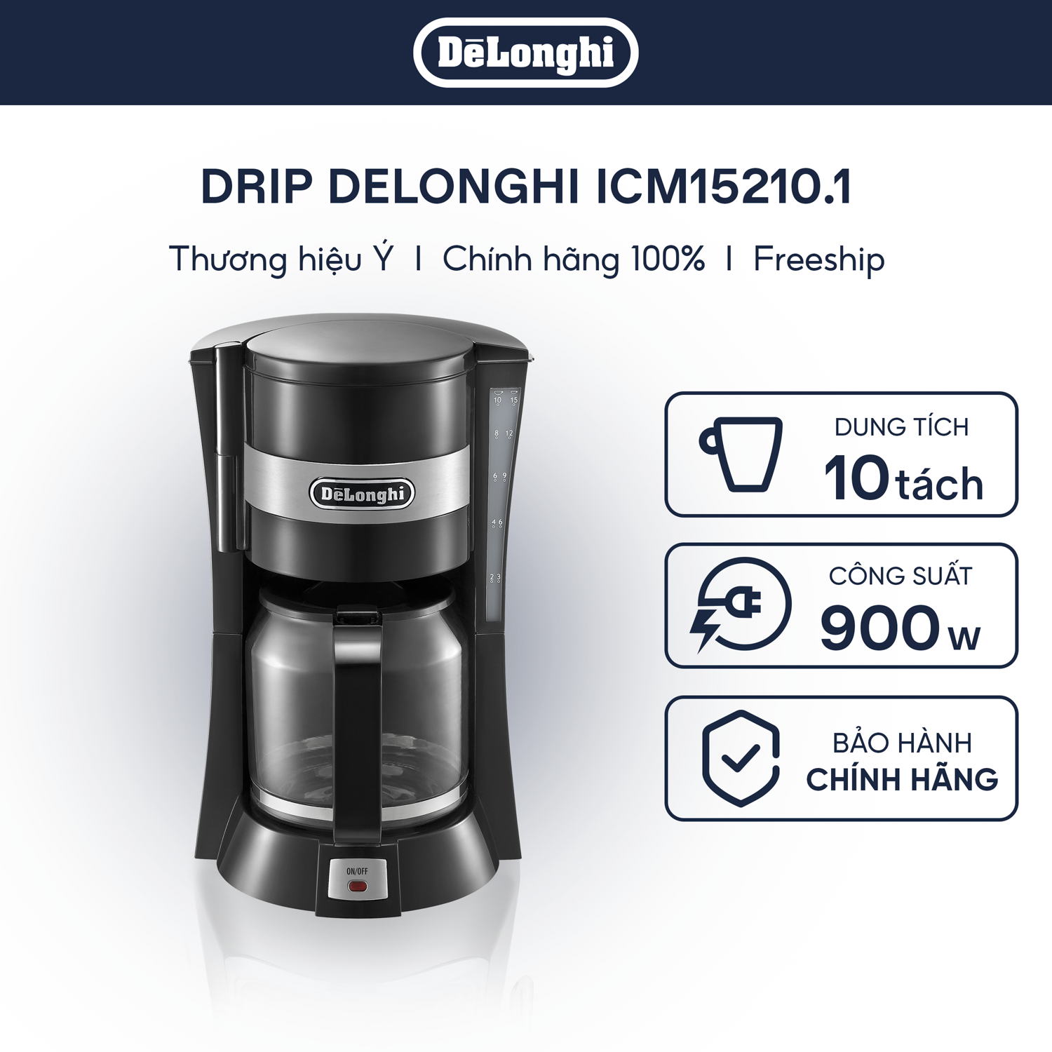 Máy Pha Cà Phê Drip DeLonghi ICM15210.1 - Dung Tích 1.25L - Thiết kế nhỏ gọn, pha 10 tách nhanh chóng