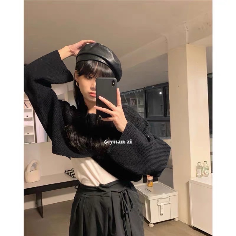 áo len vạt chéo dáng lửng croptop tay suông