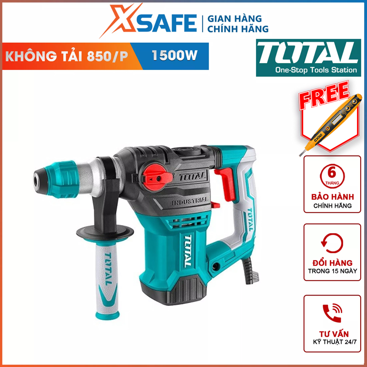 Máy khoan búa cầm tay 1500w total th1153216 tốc độ 850rpm, tốc độ búa 4400bpm, lực đập 5.5j, khả năng khoan bê tông 32mm, khoan sắt 13mm, khoan gỗ: 40mm, kèm theo 3 mũi khoan bê tông, 2 mũi đục máy khoan đục bê tô