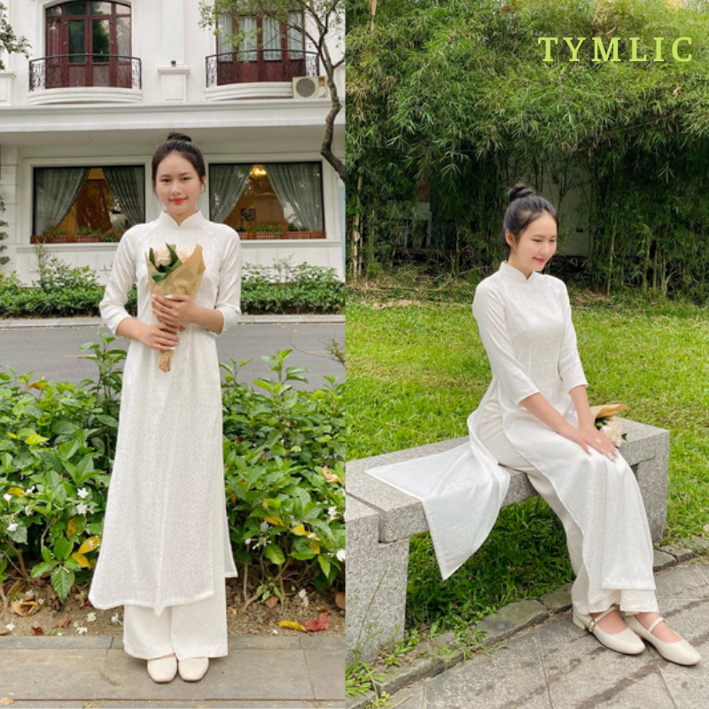 Áo Dài Lụa Gấm Hoa Nhí Màu Trắng TYMLIC