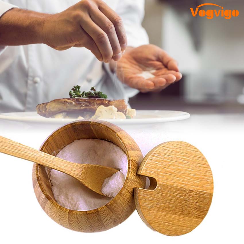 Wooden Kitchen Seasoning Jar, Household Tea Salt Seasoning Container, Wooden Spice Pepper Box With Lid Spoon